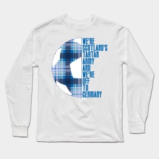 Scotland's Tartan Army, Blue and White Tartan Ball and Text Design Long Sleeve T-Shirt